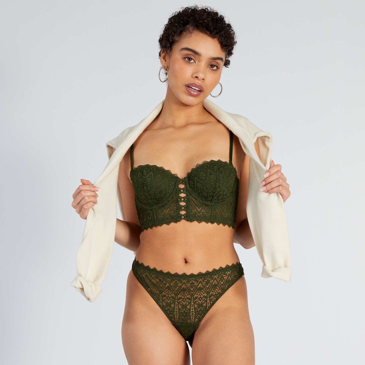 Soutien-gorge bustier ampliforme en dentelle Kaki