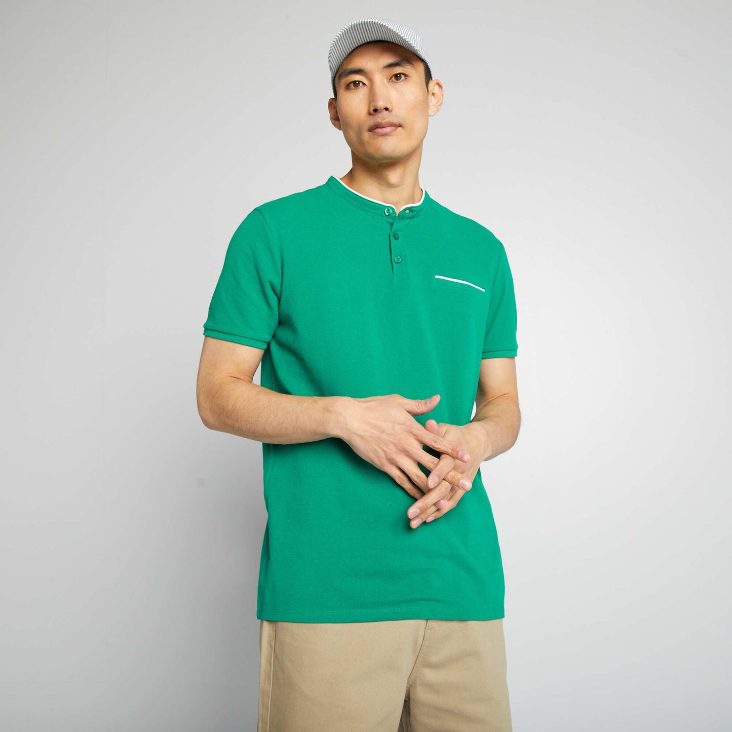 Polo à col mao en piqué de coton Vert
