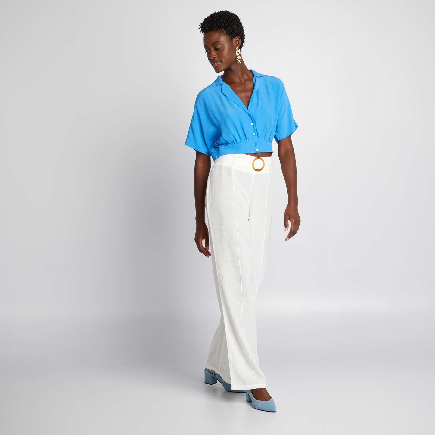 Chemisier crop top taille smockée Bleu