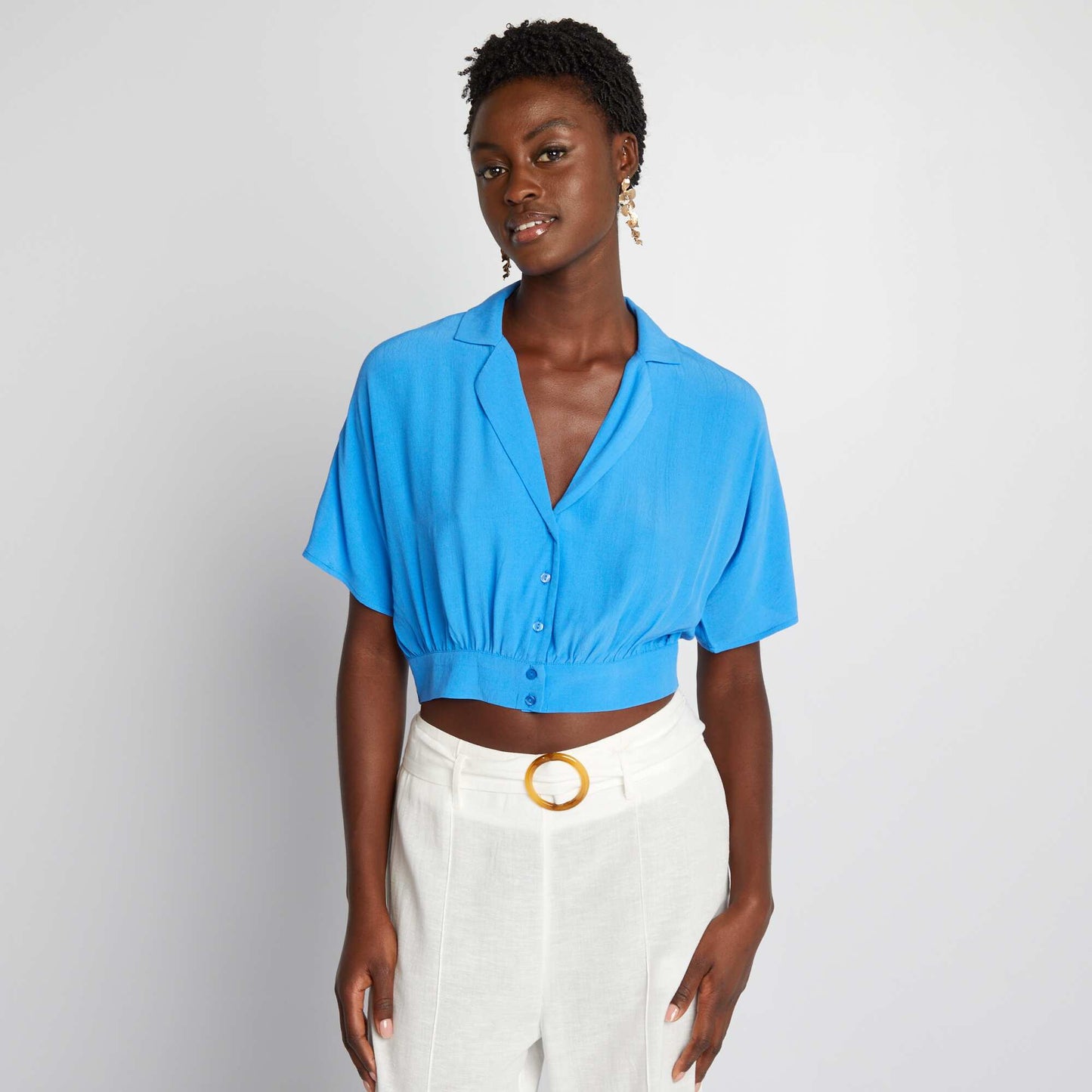 Chemisier crop top taille smockée Bleu