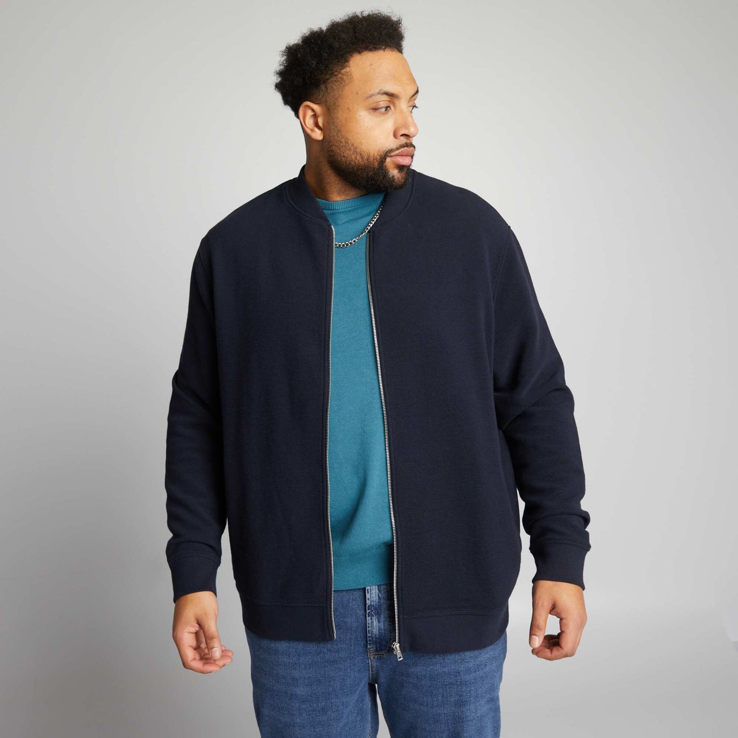 Sweat zippé en maille à rayures BLEU MARINE