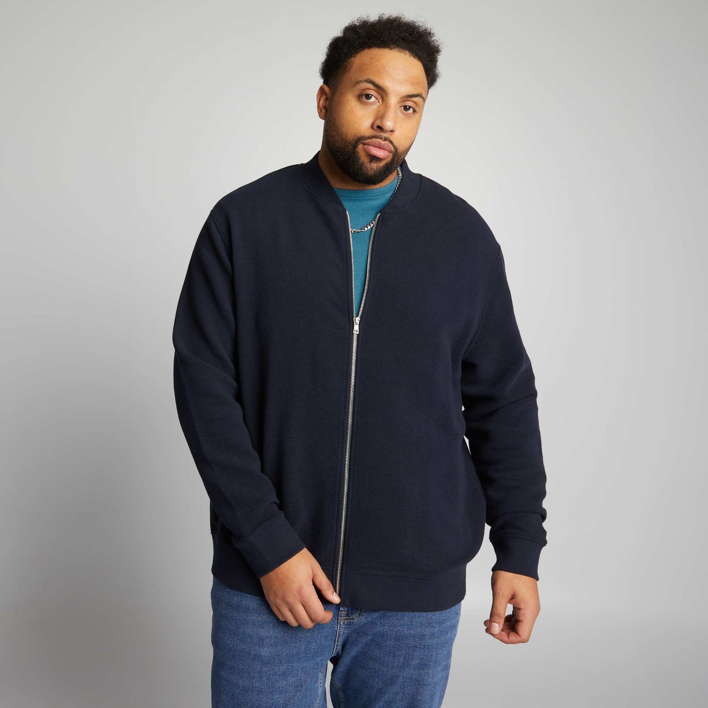 Sweat zippé en maille à rayures BLEU MARINE