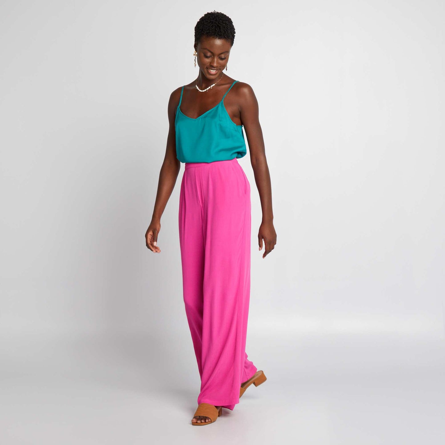 Pantalon large en maille crêpe Rose fuchsia