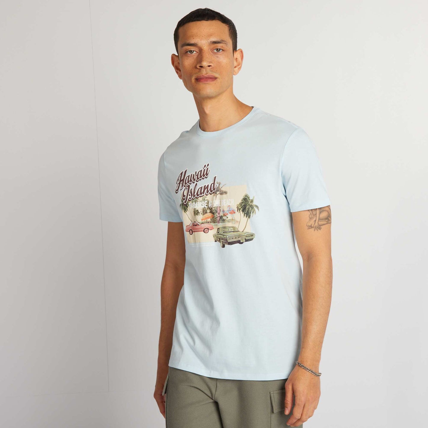 T-shirt en coton imprimé à col rond Bleu clair 'Hawaï'