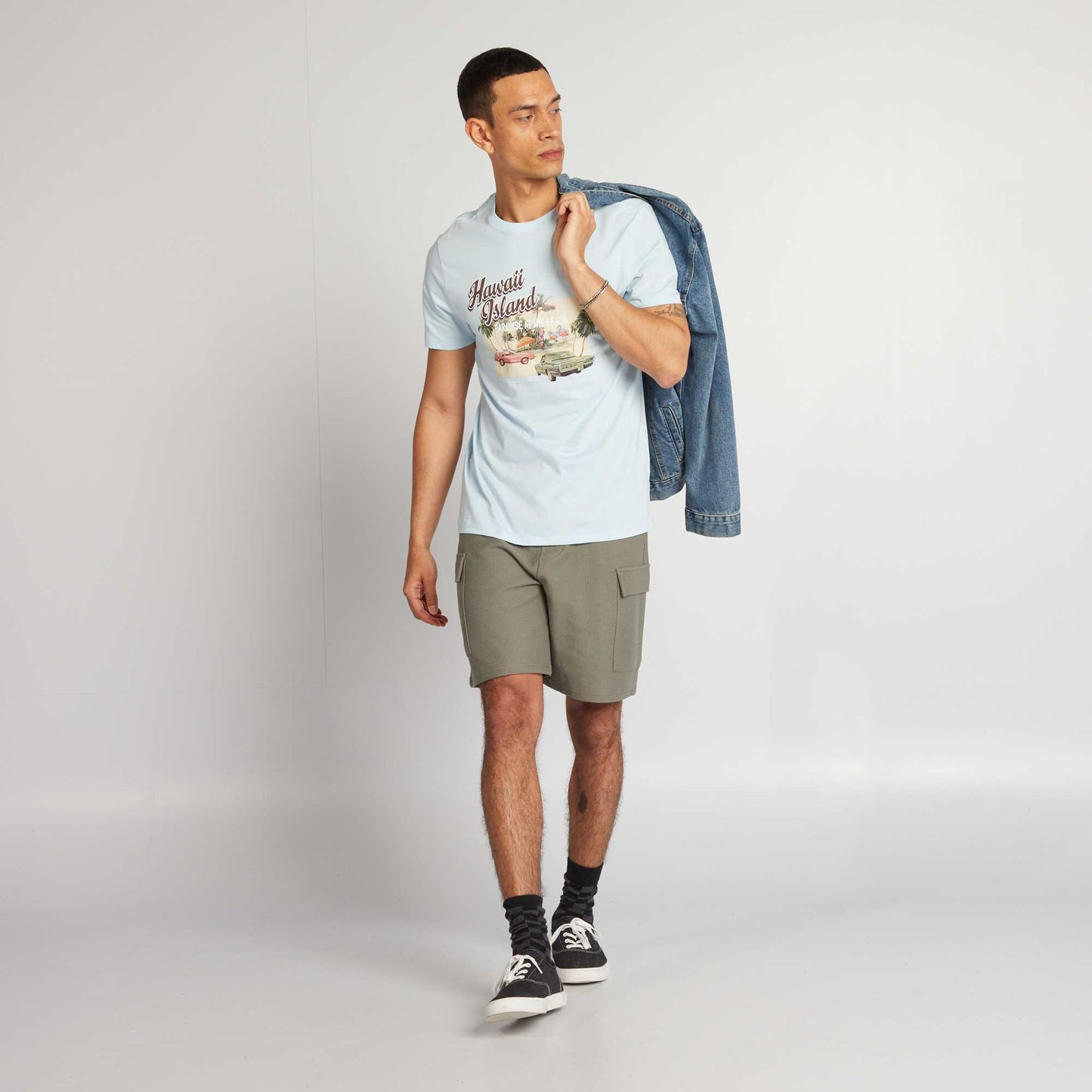 T-shirt en coton imprimé à col rond Bleu clair 'Hawaï'