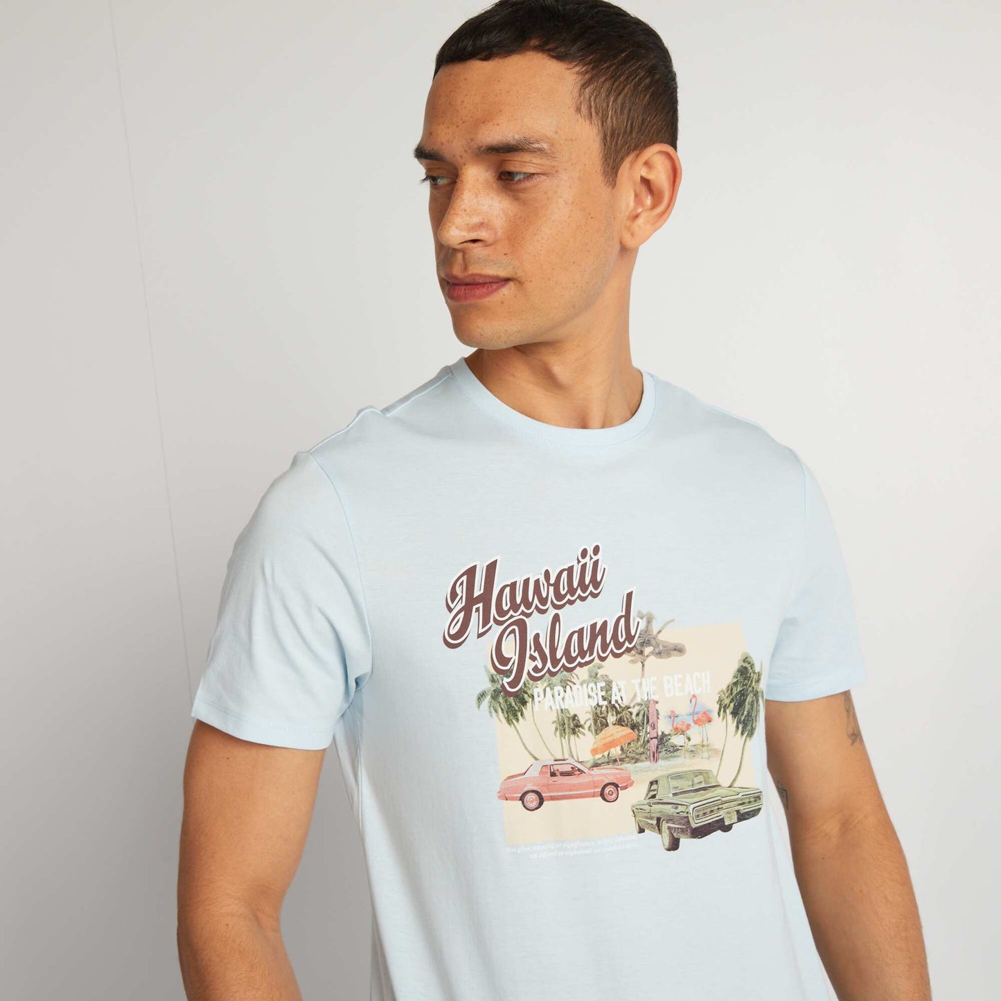 T-shirt en coton imprimé à col rond Bleu clair 'Hawaï'