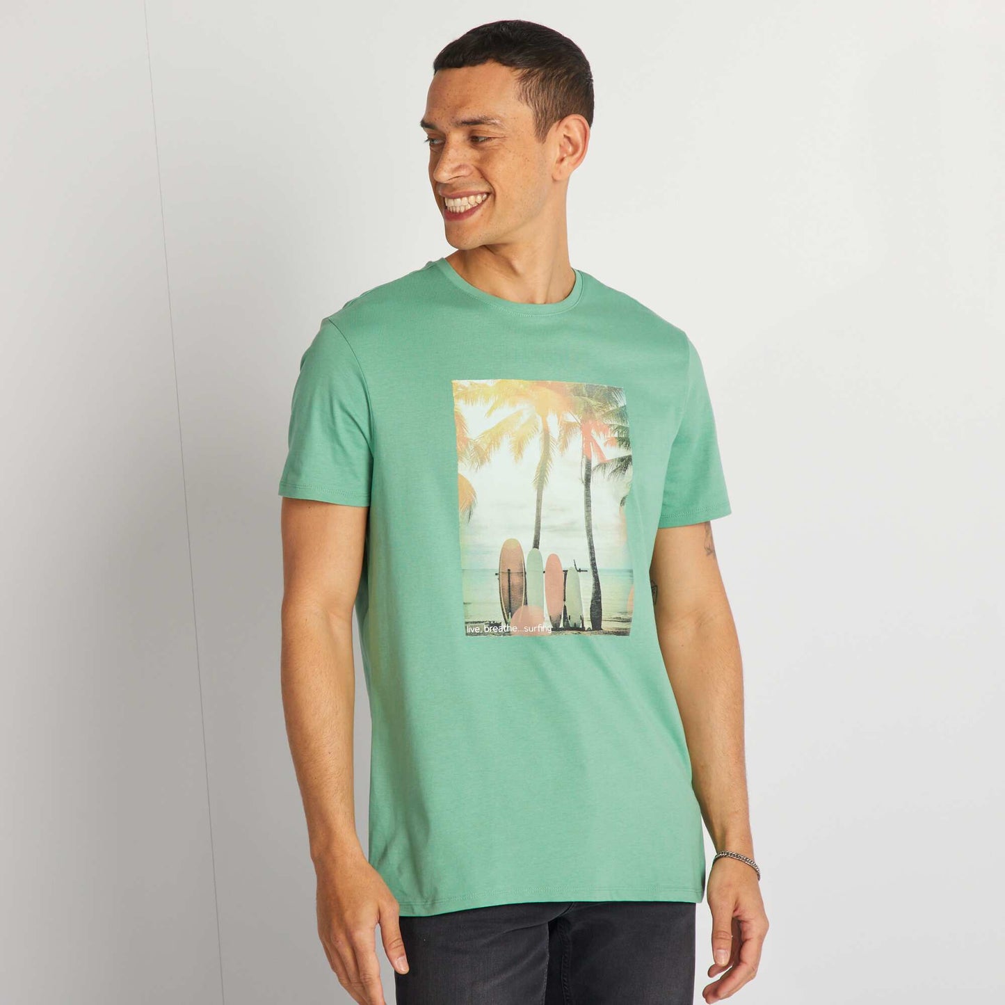 T-shirt en coton imprimé à col rond Vert