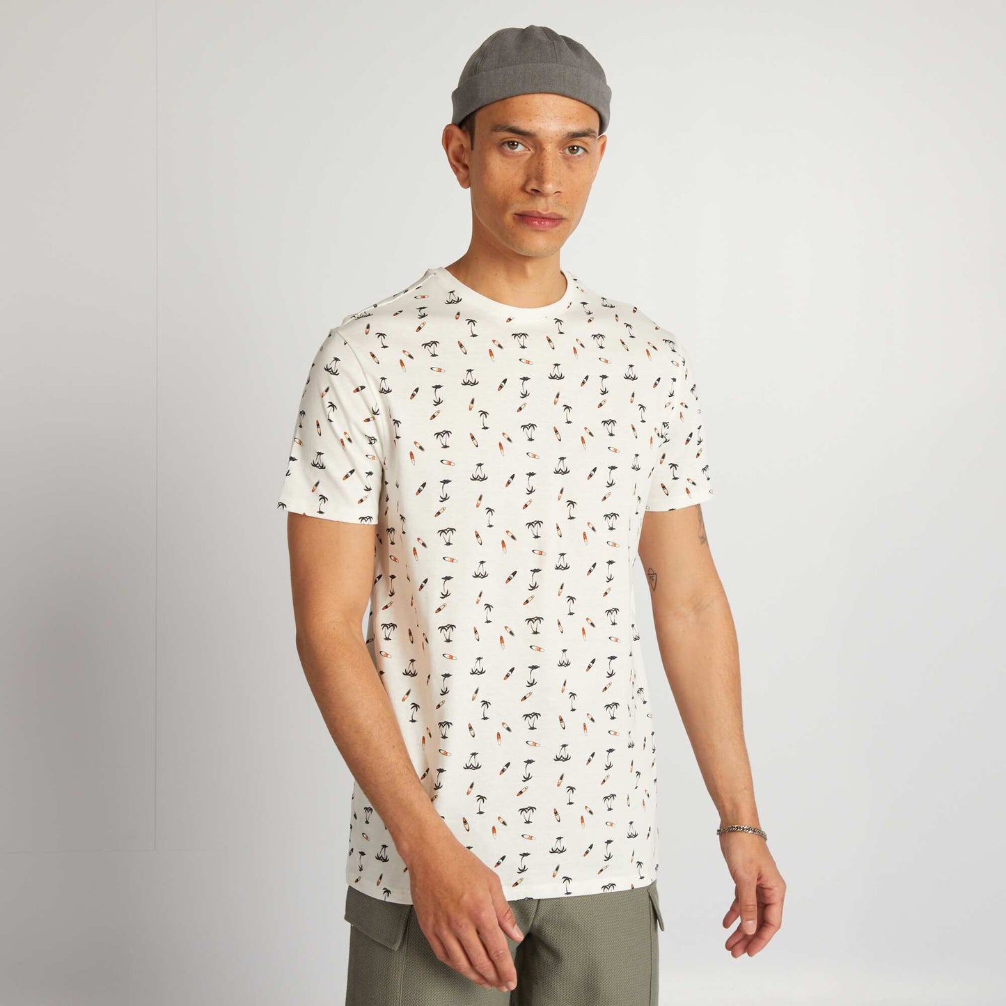 T-shirt en coton imprimé à col rond Blanc 'surf'