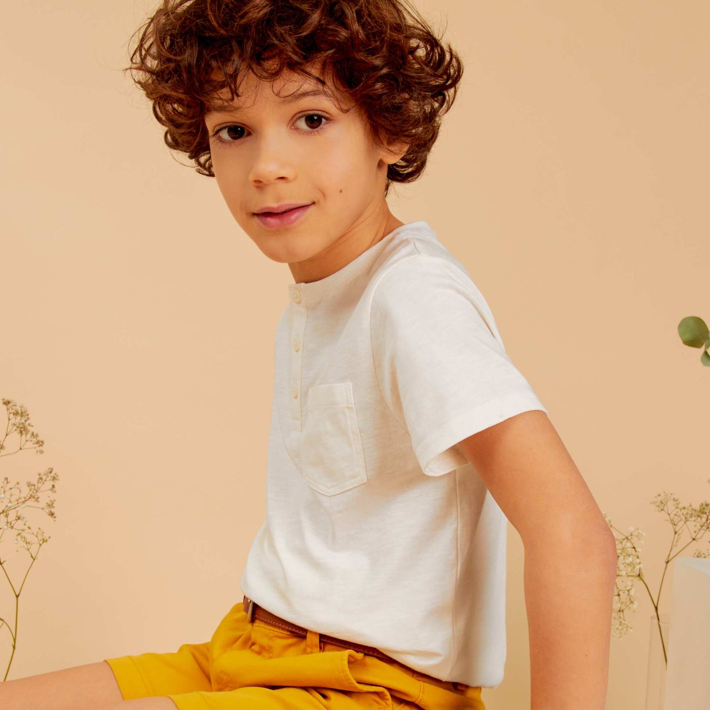 T-shirt en jersey à col boutonné Beige