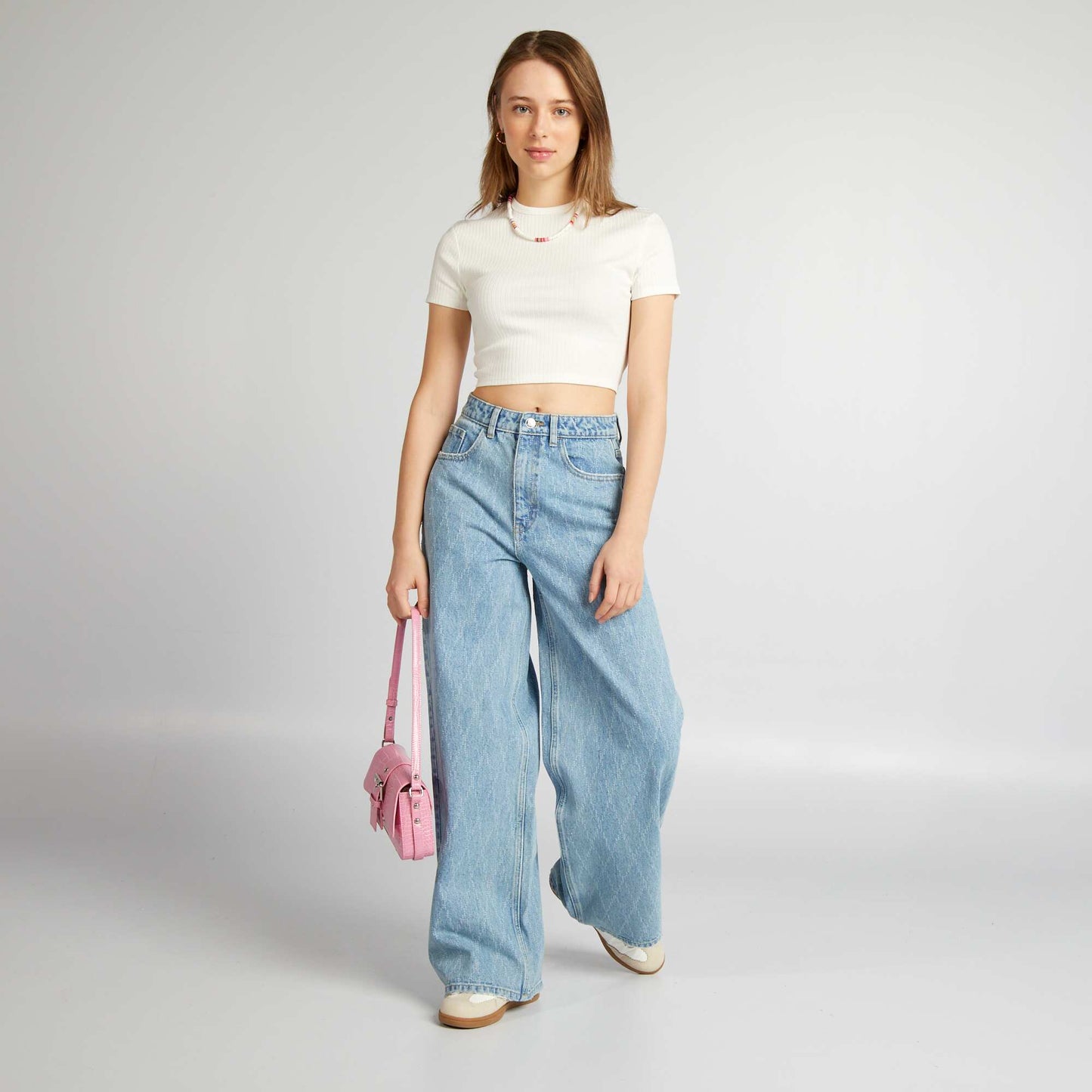 T-shirt cropped côtelé avec liens blanc