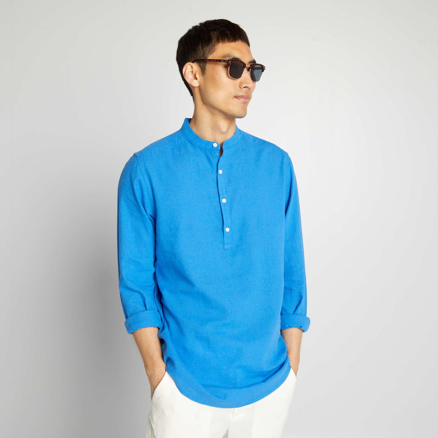 Chemise droite à col mao en lin mélangé Bleu