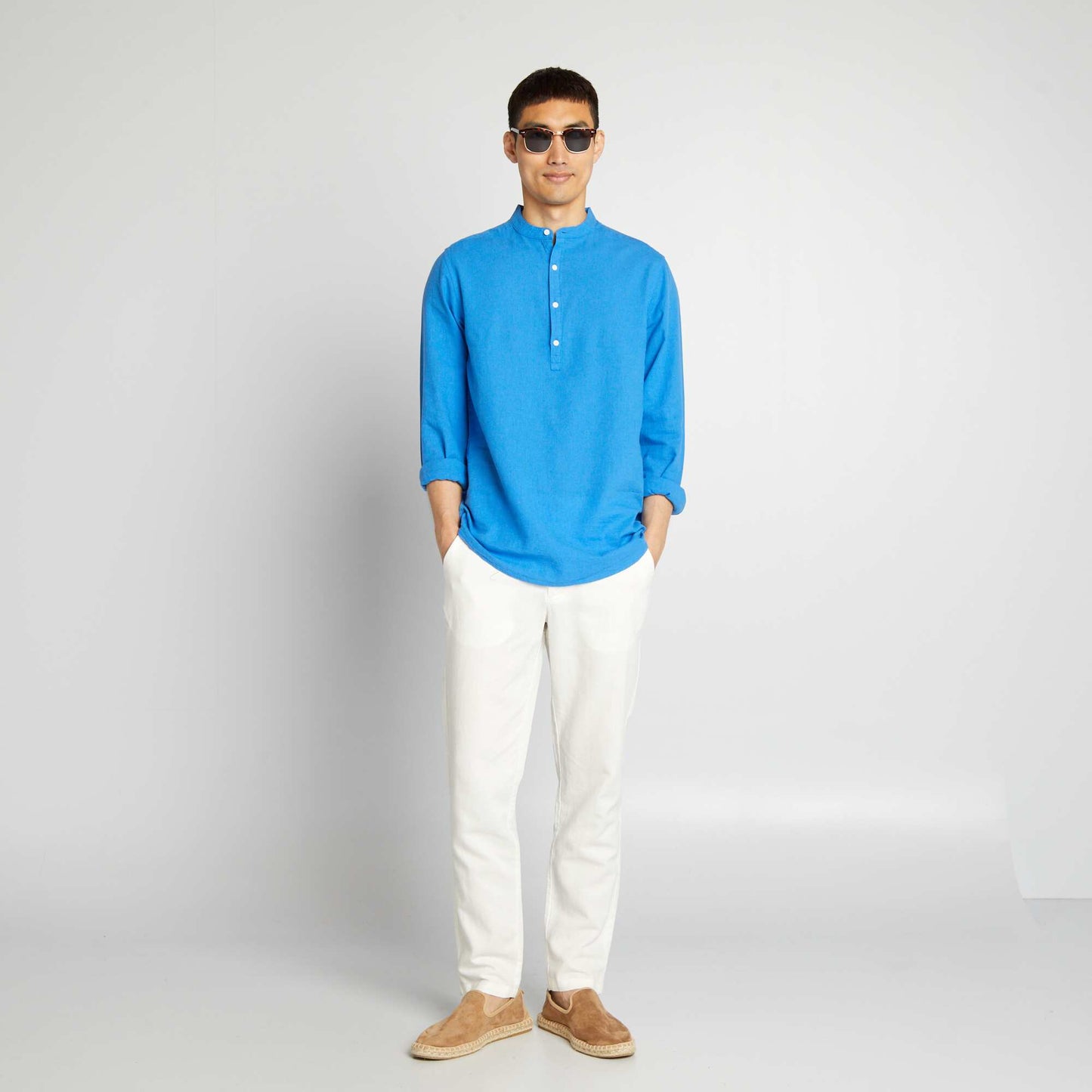 Chemise droite à col mao en lin mélangé Bleu