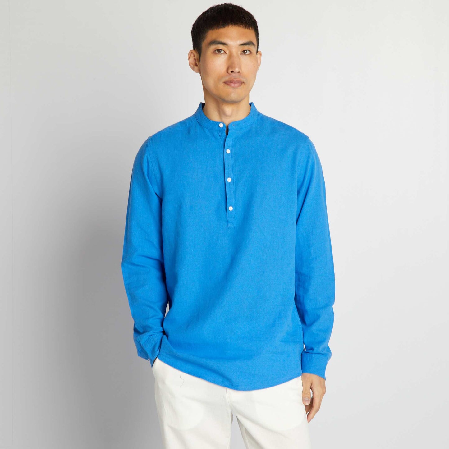 Chemise droite à col mao en lin mélangé Bleu