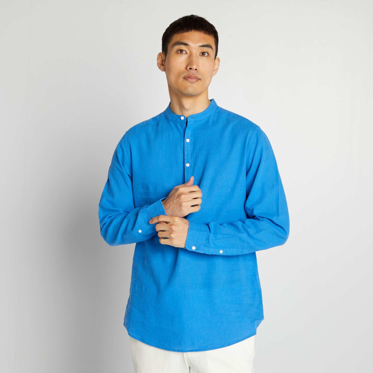Chemise droite à col mao en lin mélangé Bleu