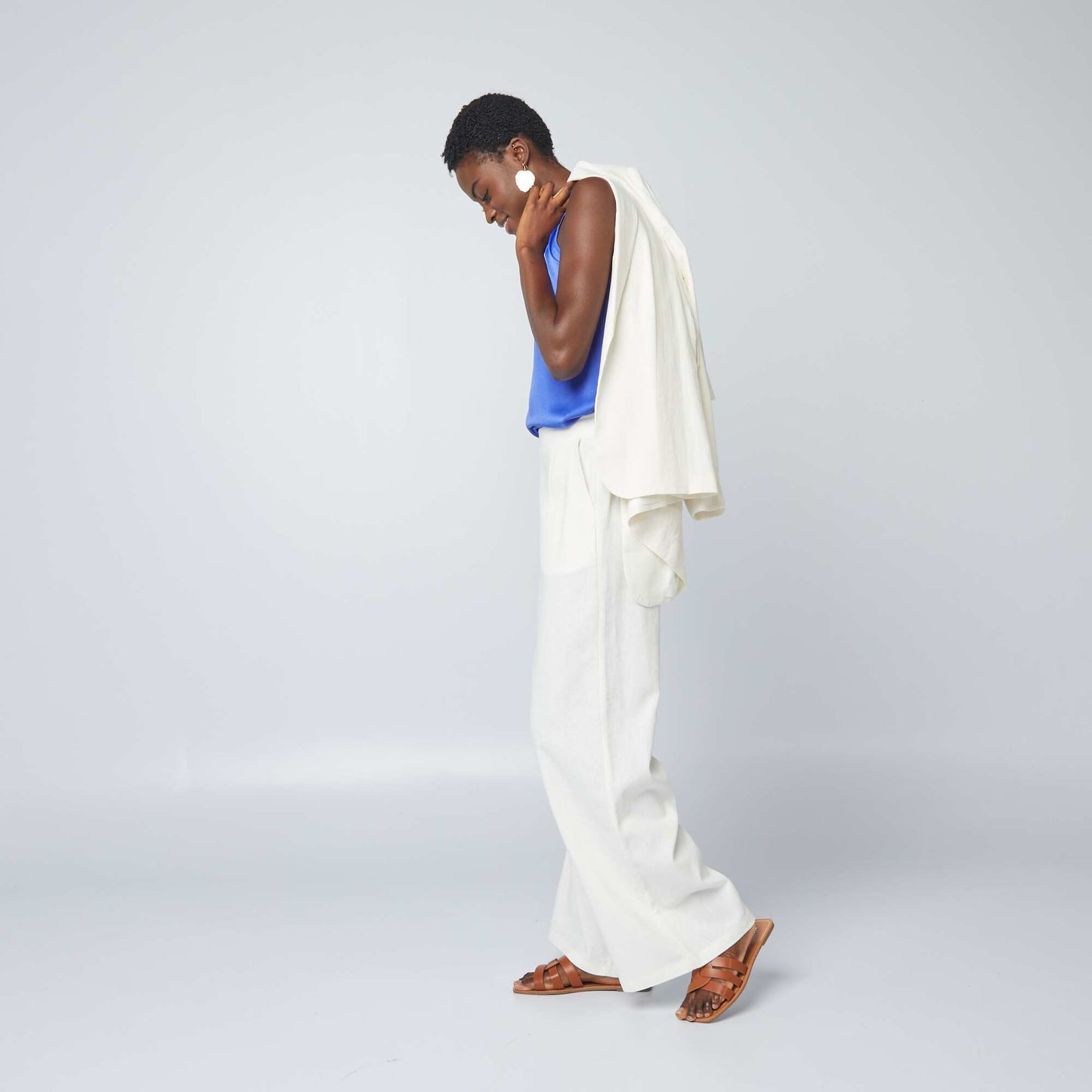 Pantalon large en lin mélangé Blanc