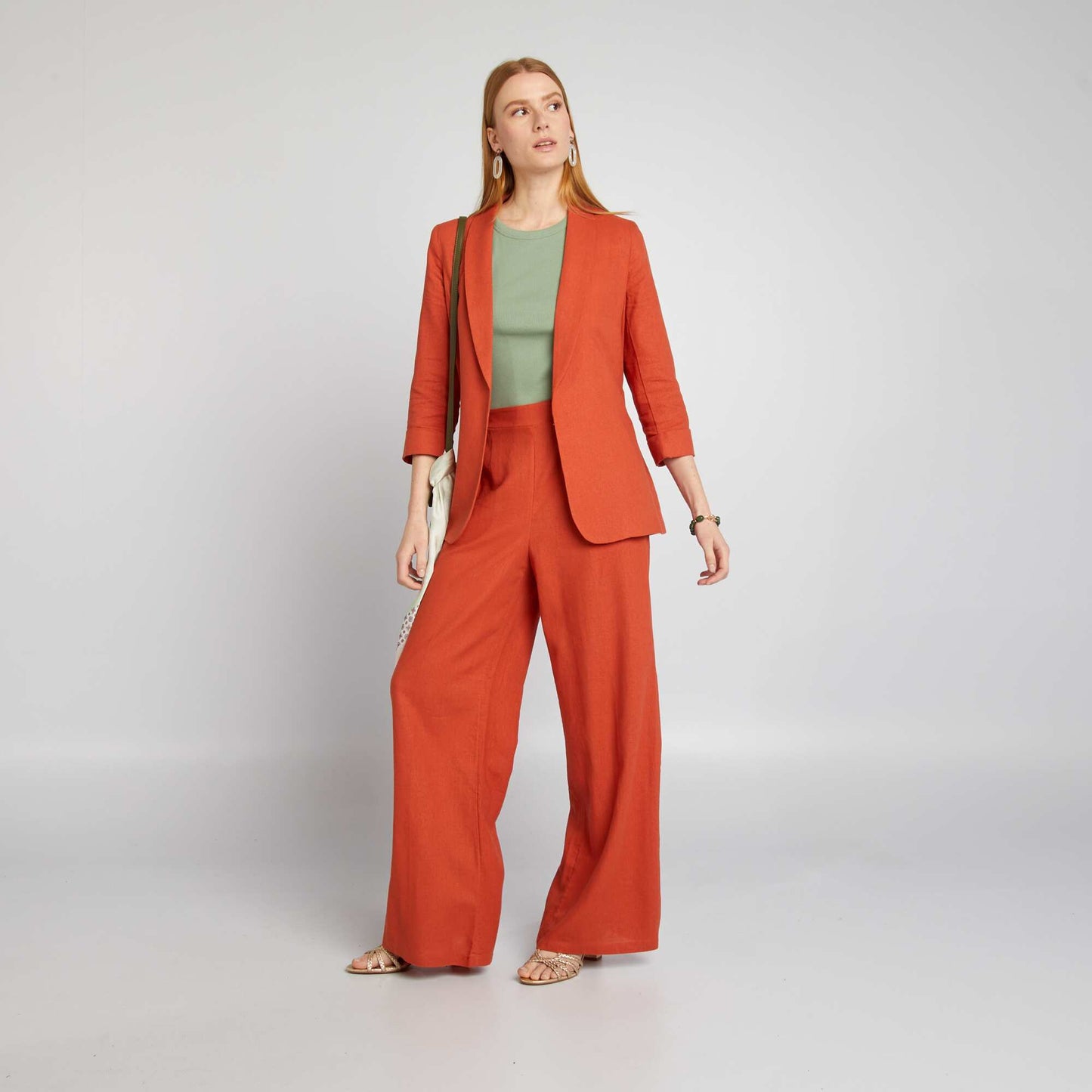 Pantalon large en lin mélangé Orange