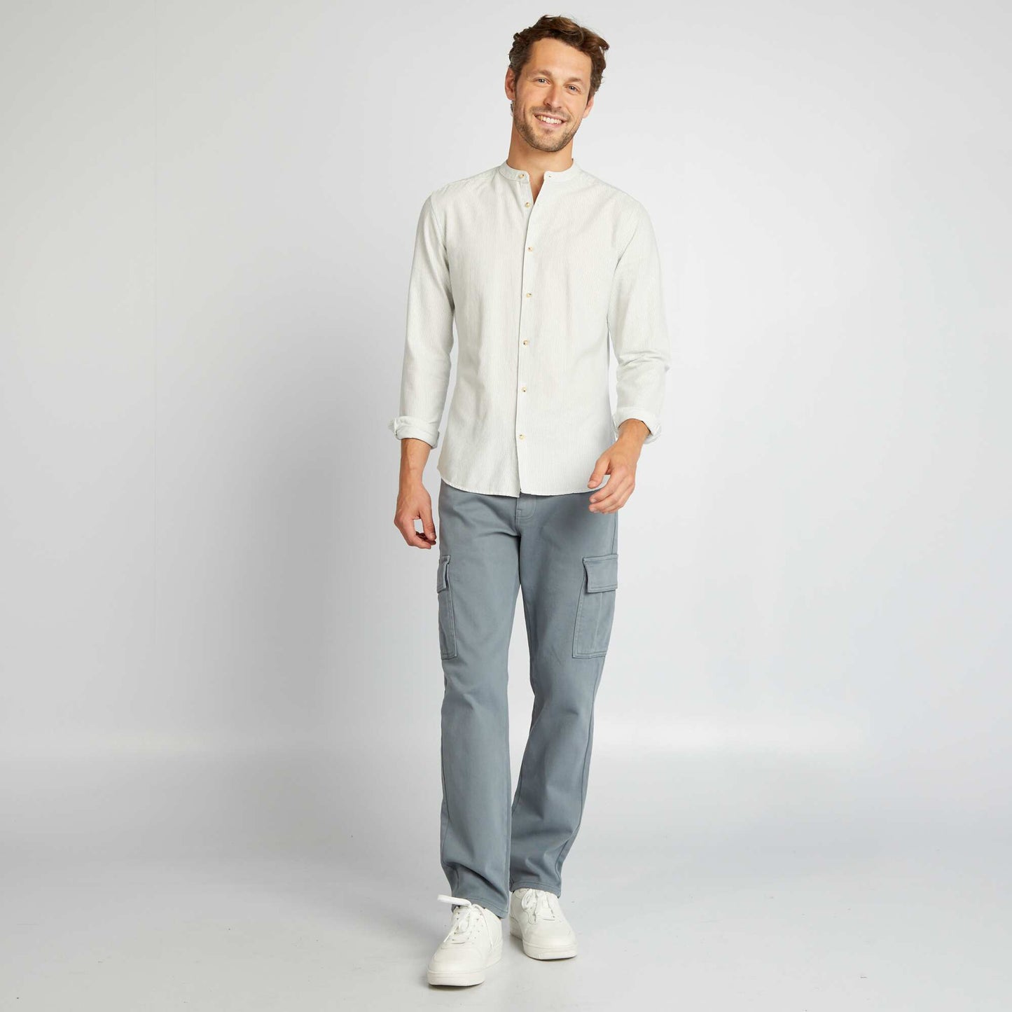 Chemise rayée col mao Kaki