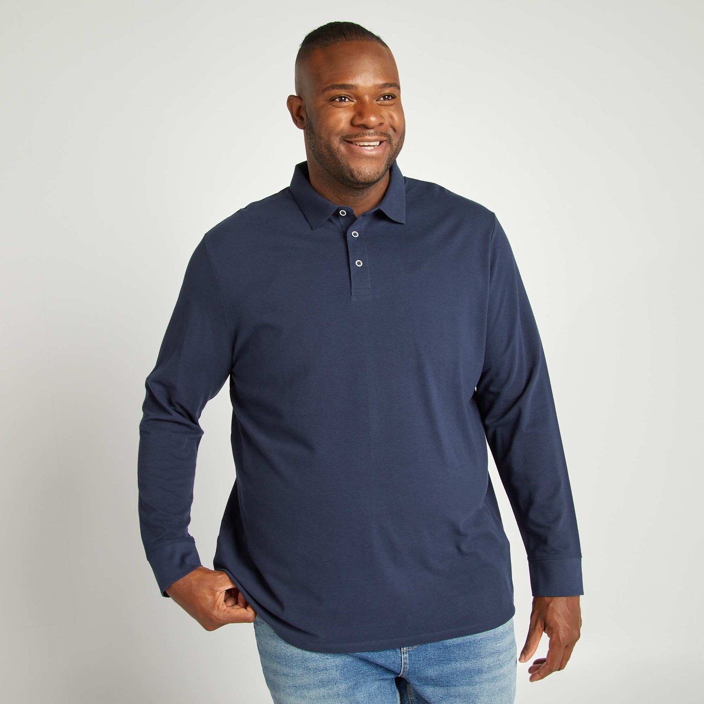 Polo en piqué de coton manches longues MARINE