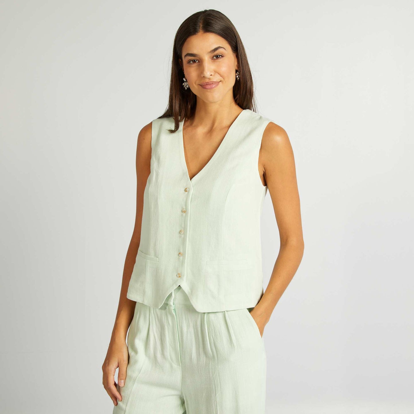 Veste tailleur sans manches en lin mélangé VERT