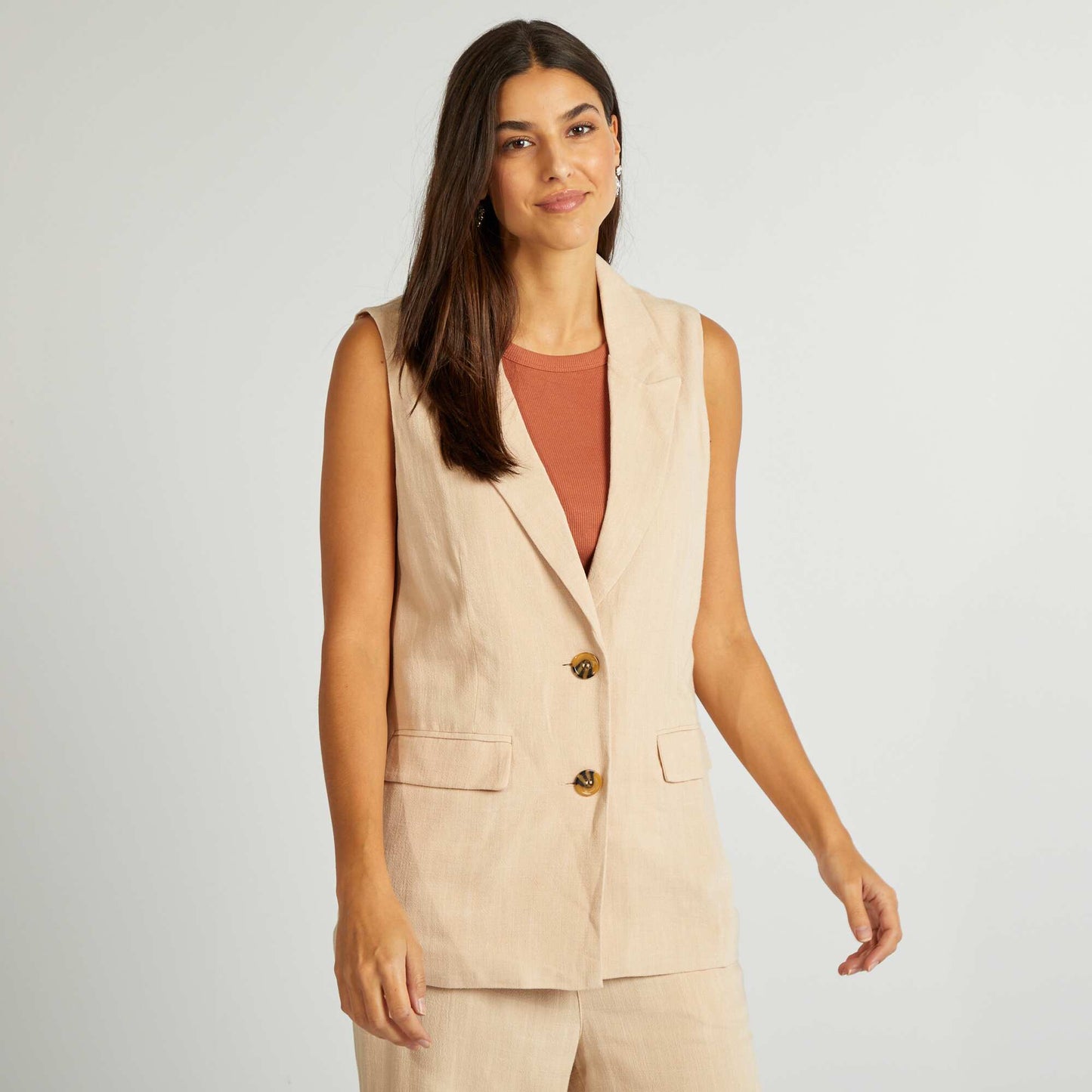 Veste tailleur sans manches en lin mélangé BEIGE