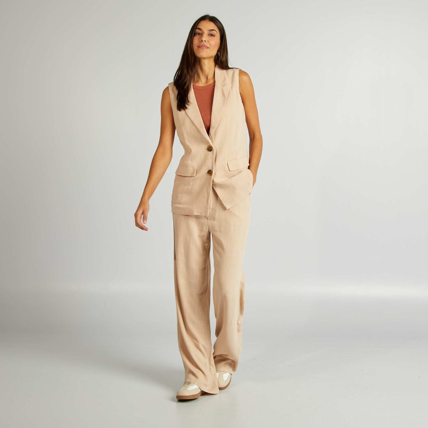 Veste tailleur sans manches en lin mélangé BEIGE