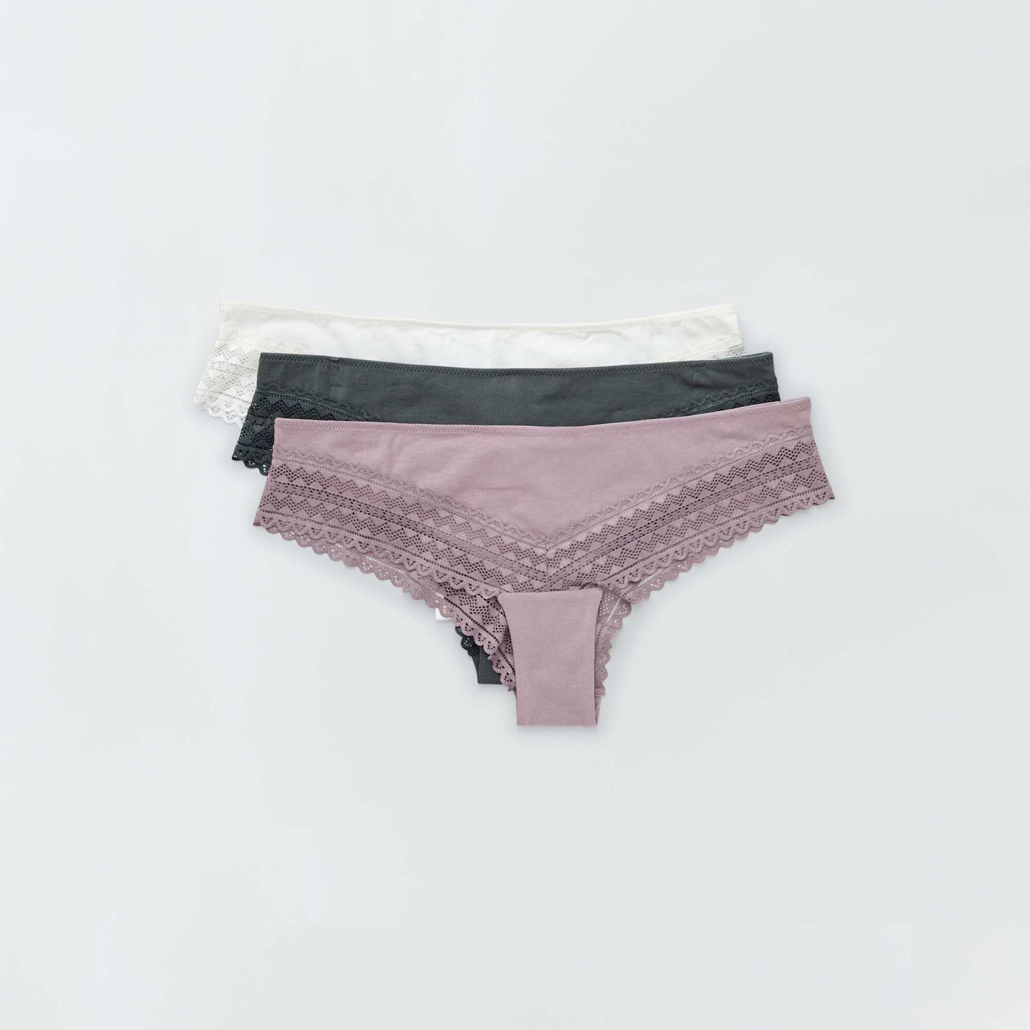 Lot de 3 tangas coton dentelle rose grisé/écru/vert
