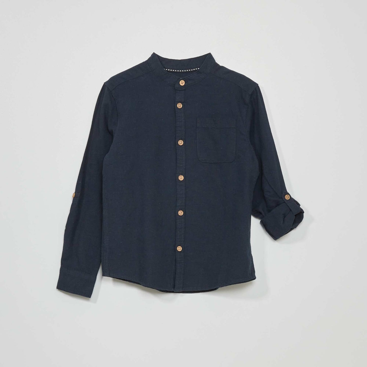 Chemise en lin col mao bleu marine