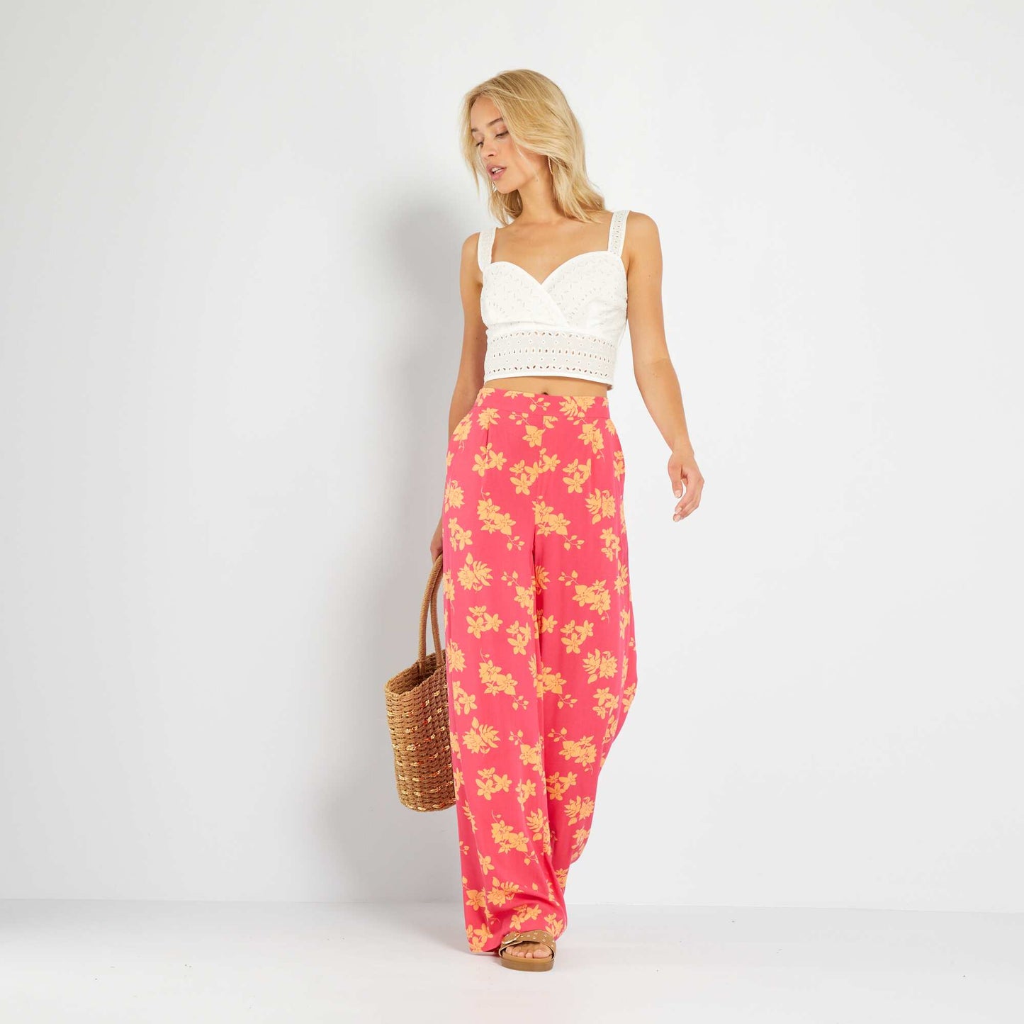 Pantalon large taille haute imprimé Rose