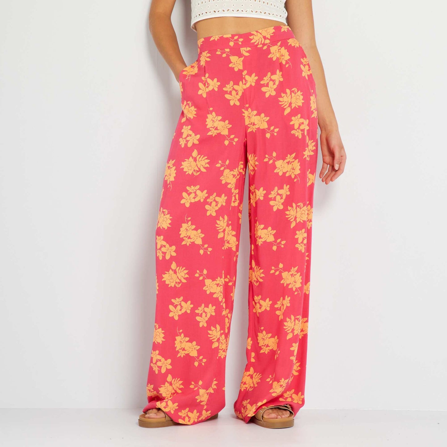 Pantalon large taille haute imprimé Rose