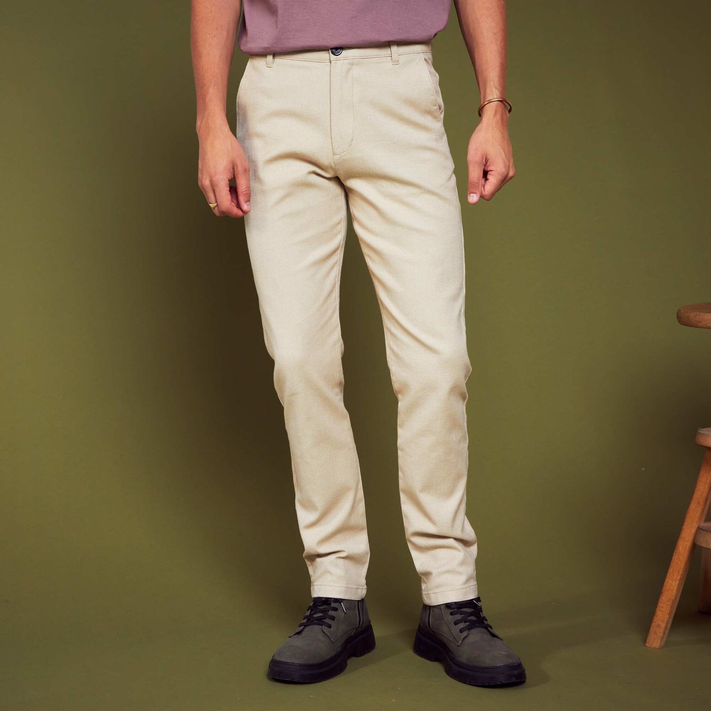 Pantalon slim en jacquard beige