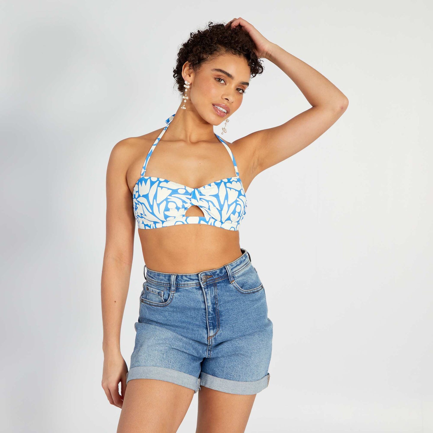 Haut de maillot de bain bandeau imprimé Blanc/bleu