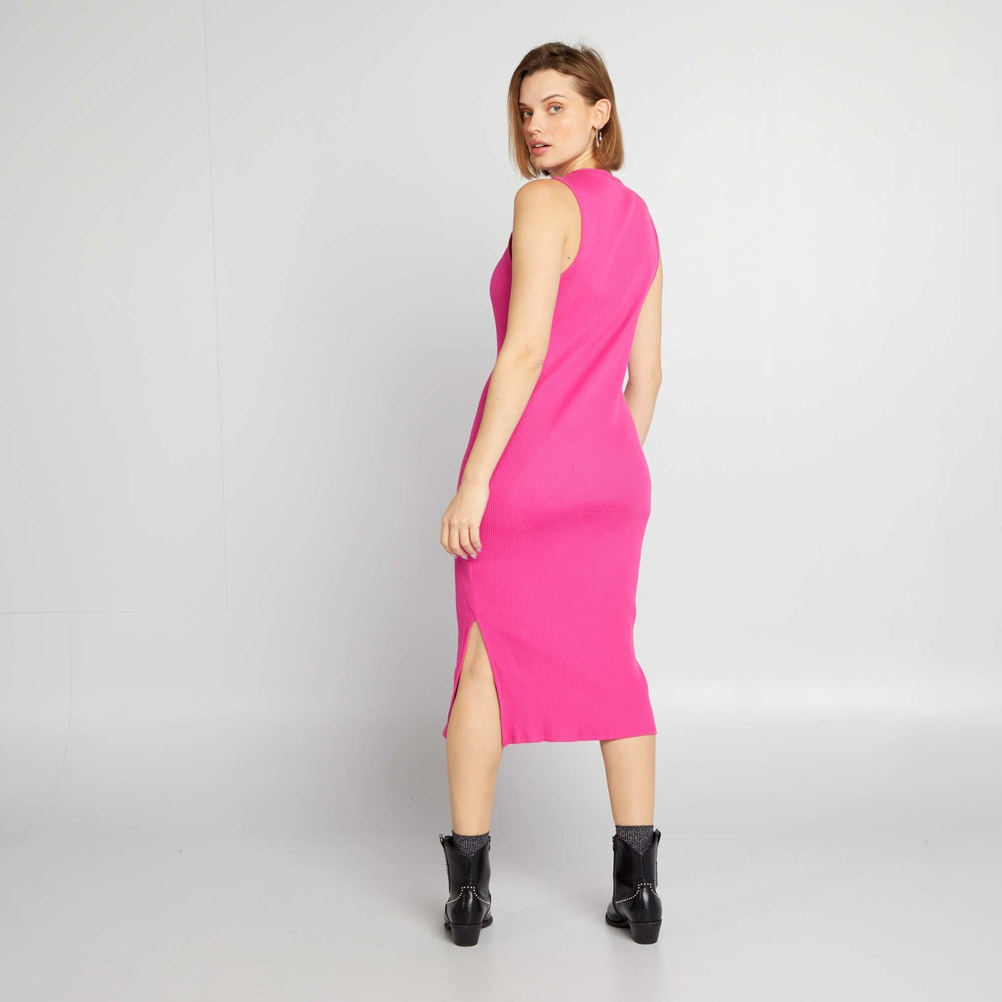 Robe midi côtelée sans manches Rose