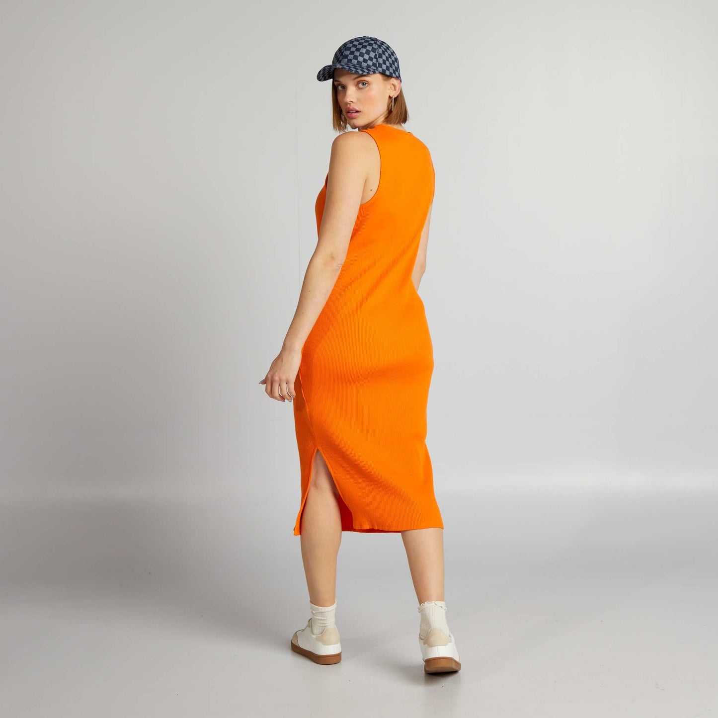 Robe midi côtelée sans manches Orange