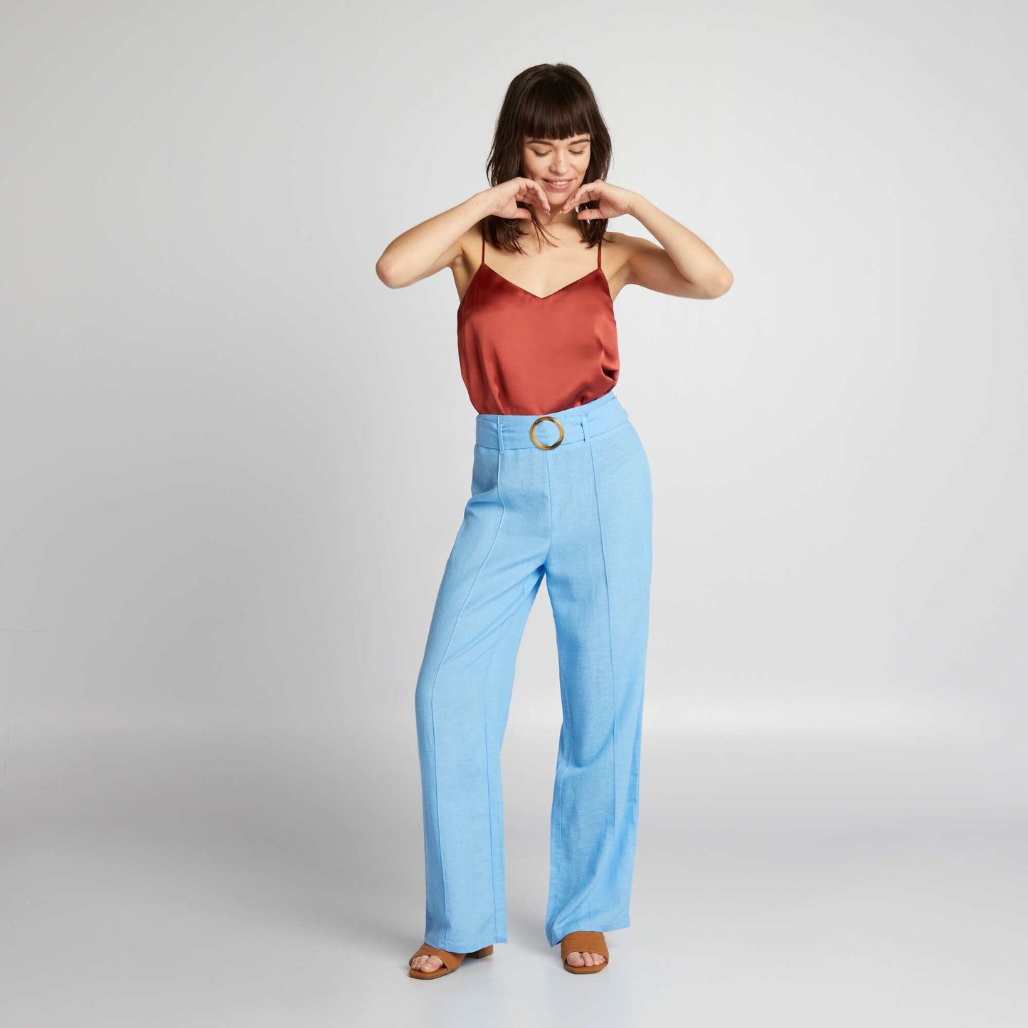 Pantalon large taille haute en lin Bleu