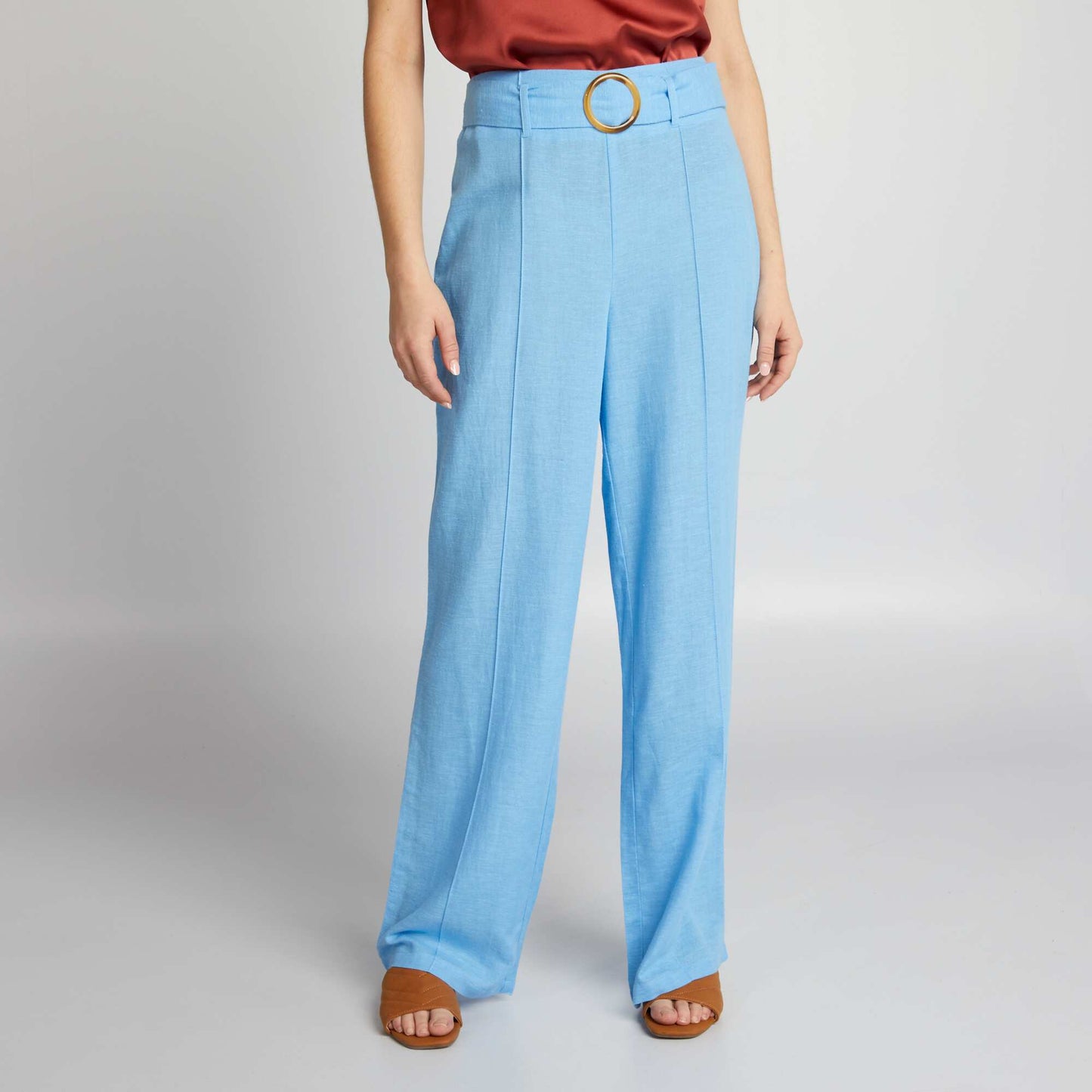 Pantalon large taille haute en lin Bleu