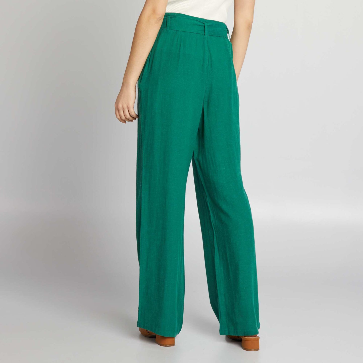 Pantalon large taille haute en lin Vert