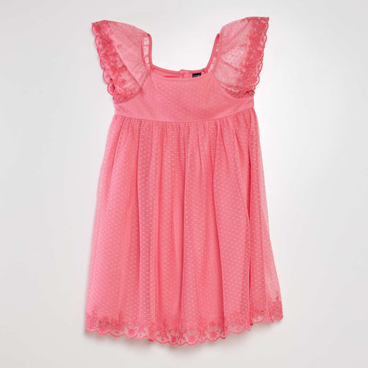 Robe trapèze en tulle plumetis rose