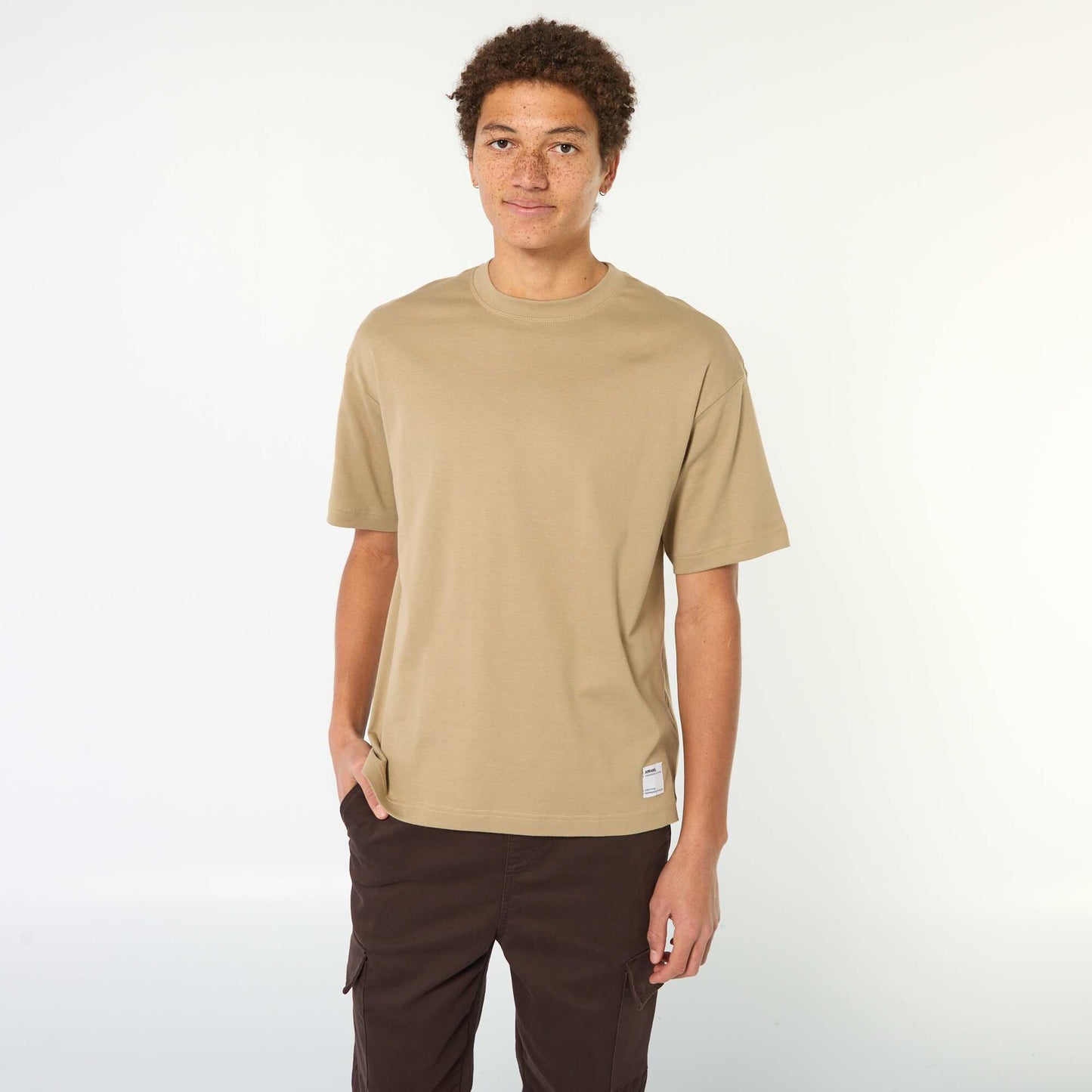 T-shirt col rond en coton BEIGE