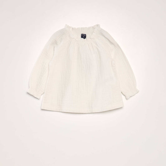 Blouse manches longues col volantée BLANC