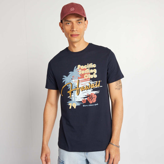 T-shirt en coton imprimé à col rond Bleu marine