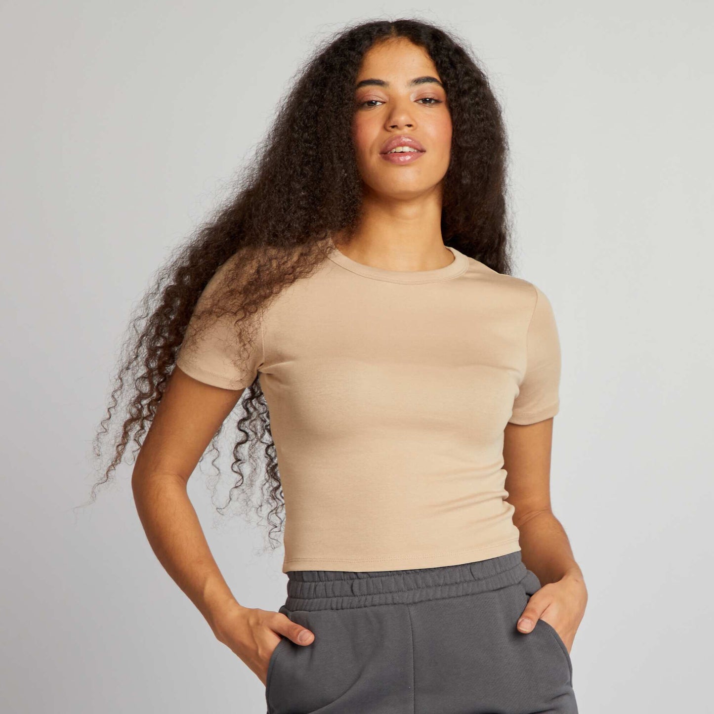 T-shirt cropped manches courtes Beige