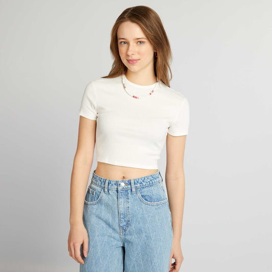 T-shirt cropped côtelé avec liens blanc