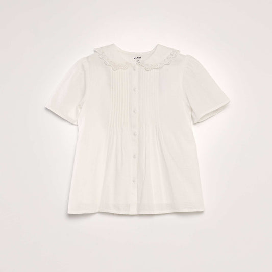 Blouse col claudine en tissu texturé blanc