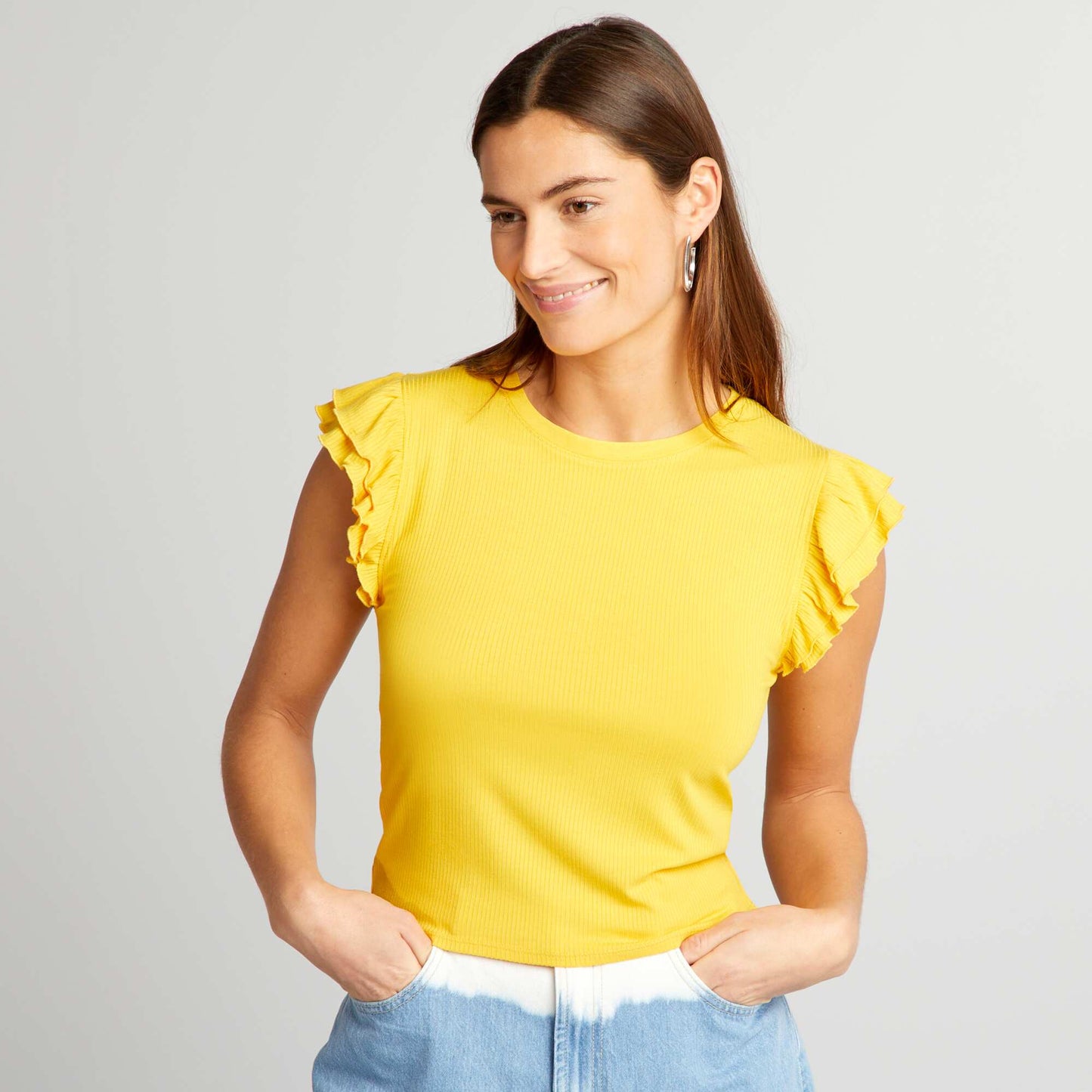 T-shirt sans manches avec volants JAUNE