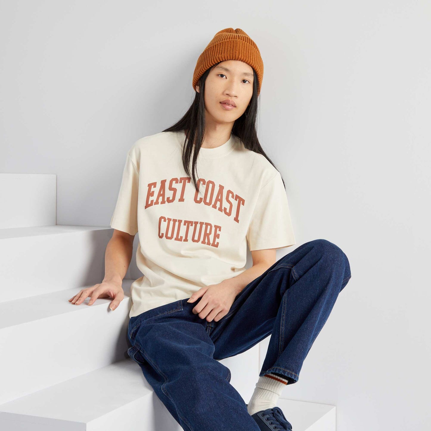 T-shirt en coton à col rond Beige 'East Coast'