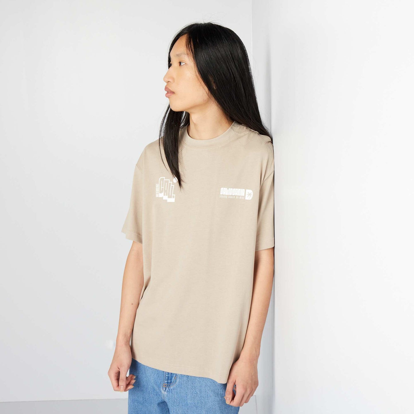 T-shirt en coton à col rond Beige