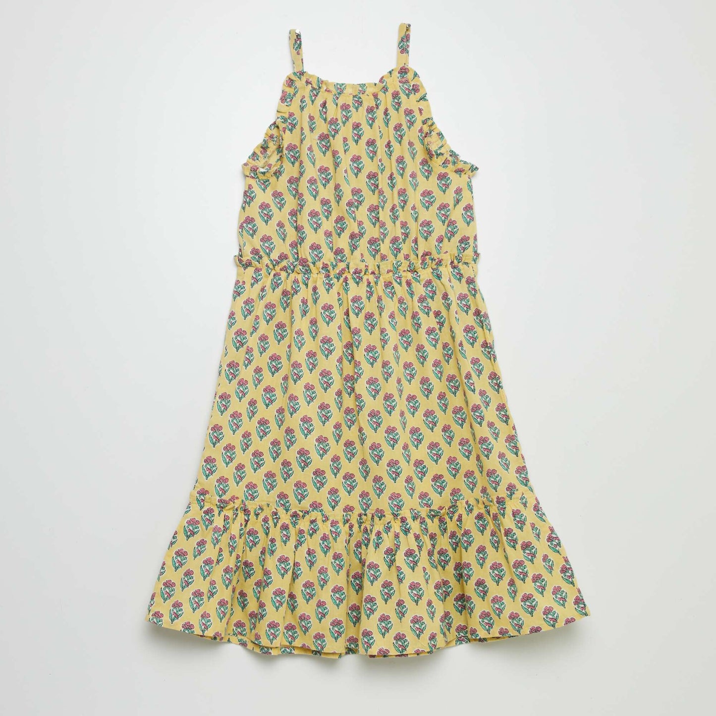 Robe corolle à motif avec base volantées Jaune