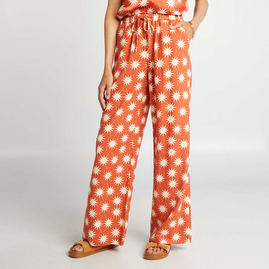Pantalon large lin mélangé imprimé Marron