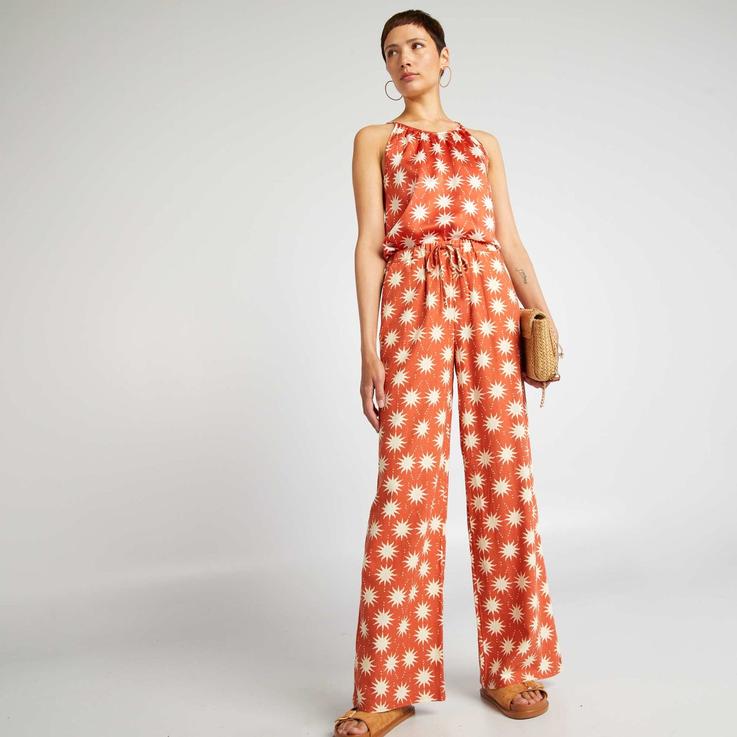 Pantalon large lin mélangé imprimé Marron