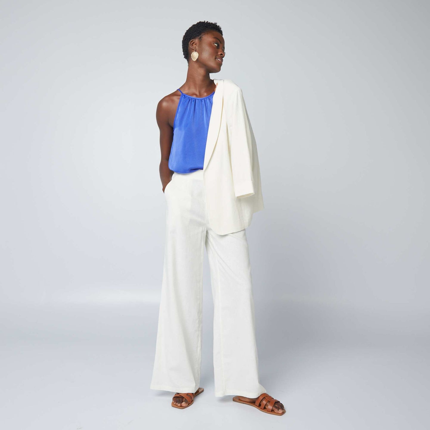 Pantalon large en lin mélangé Blanc